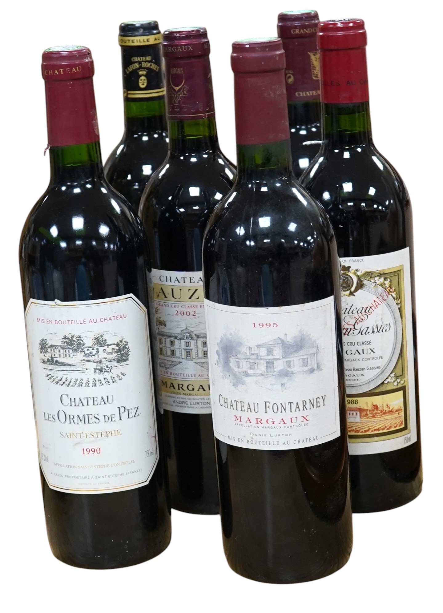 Six mixed bottles of French red wine: a bottle of 1992 grand cru classe de graves, Chateau Olivier, a bottle of 1993 grande classe Chateau Lafon- Rochet, Saint-Estephe, a bottle of 1988 grand cru classe, Dauzac, Margaux,